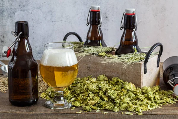 Concetto di birra casalinga. Birra innesto con ingredienti . — Foto Stock