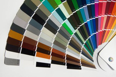 Renk paleti, boya örnekleri kataloğu. Grafik tasarımcıları tasarım için renk aralığı örneklerinden renk seçer. Tasarımcı grafik yaratıcılığı çalışma konsepti.
