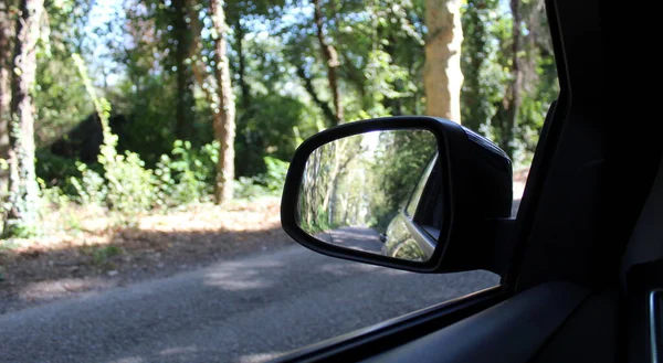 Car Rearview Mirror Driving Countryside — Stock Photo, Image