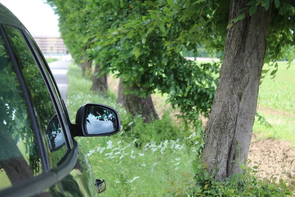 Καθρέφτης Αυτοκινήτου Οδήγηση Στην Ύπαιθρο — Φωτογραφία Αρχείου
