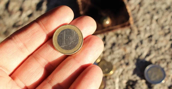 Euro coins in the purse on the stone table