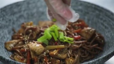Wok noodles Asya yemeği. Güzel servis.
