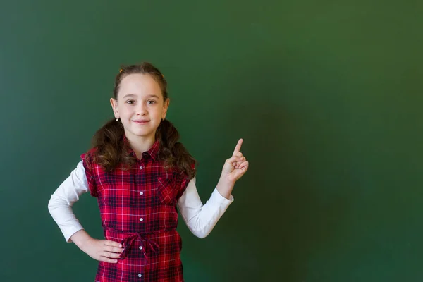 Happy schoolgirl preschool girl in plaid dress standing in class near a green blackboard. Concept of school education.