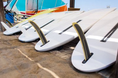 Bir sahil su sporları tesisinde rüzgar sörfü tahtaları deposu. Gün batımında stoklanmış tahtalar.