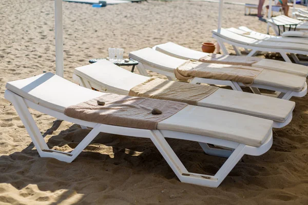 Lots White Sun Loungers Occupied Tourists Early Morning Concept Travel — Stock Photo, Image