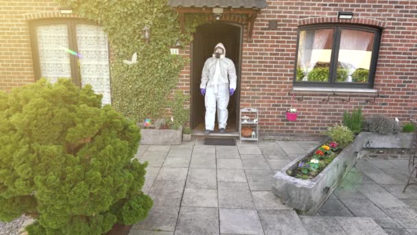 Man Wearing Full Respirator Mask White Hazmat Coverall Worldwide Coronavirus — Stock Video