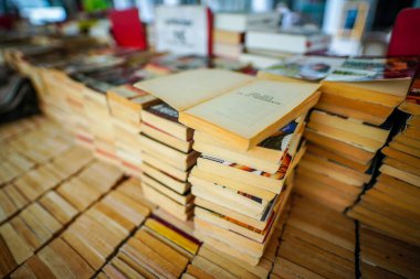 Paris, Fransa - 23 Haziran 2019: Paris, Fransa 'nın merkezindeki bir kitapçıda eski klasik kitap ve roman yığınları