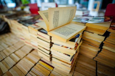 Paris, Fransa - 23 Haziran 2019: Paris, Fransa 'nın merkezindeki bir kitapçıda eski klasik kitap ve roman yığınları