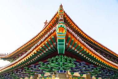 HONG KONG, CHINA-JANUARY 1, 2020: Geleneksel Çin tapınağının Lantau Adası 'ndaki Tian Tan Buddha Shakyamuni sahasında çatı mimarisi. Budizm ve başlıca turizm merkezi.