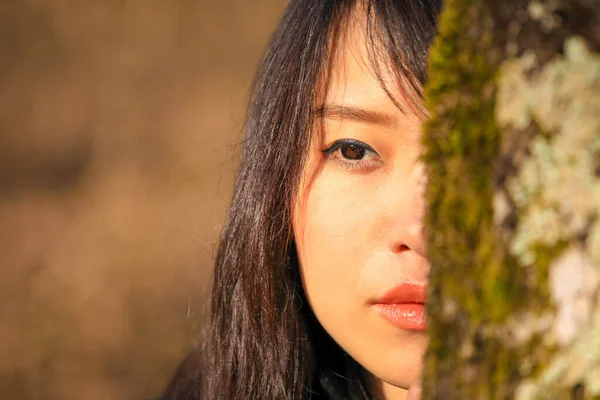 Nahaufnahme Porträt Der Hübschen Asiatin Hinter Einem Baum Schönen Wald — Stockfoto