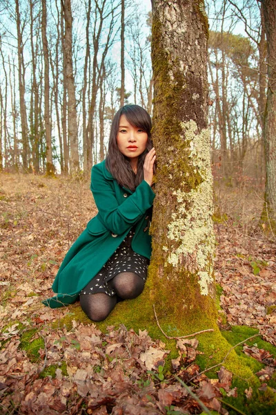 Cerca Retrato Mujer Asiática Bonita Detrás Árbol Hermoso Bosque —  Fotos de Stock