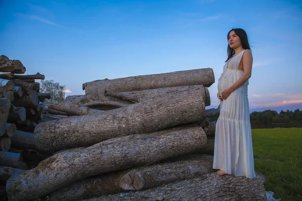 Hermosa Joven Con Vestido Blanco Naturaleza —  Fotos de Stock