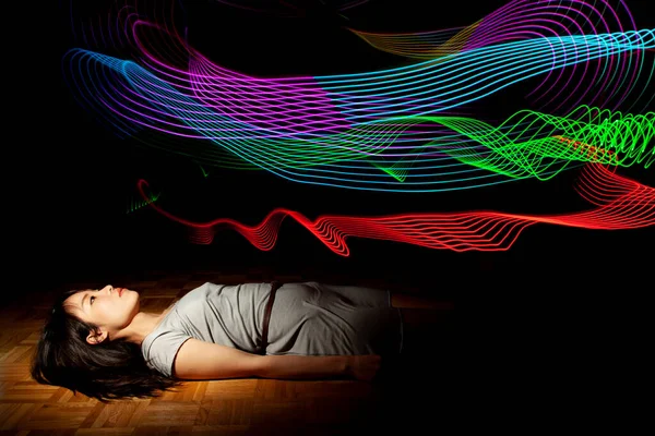 Donna Asiatica Con Una Luce Neon Arte Digitale Creativa — Foto Stock