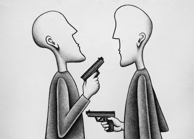 Birbirlerine bakan ve silah tutan iki isimsiz karakter. Görüntü çatışmayı, düelloyu, gangsterleri, dövüşü simgeliyor
