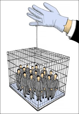 Siyasi illüstrasyon, içinde küçük mahkumlar olan dev bir kafesi gösteriyor..