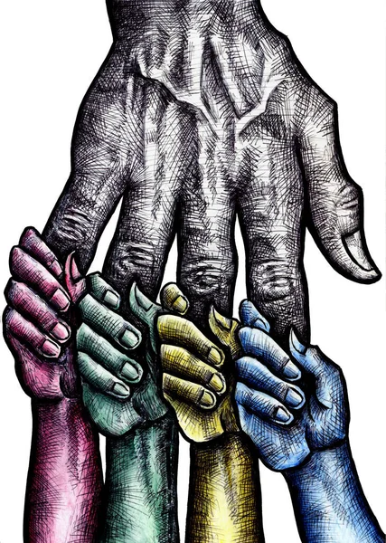 Small colorful hands holding the fingers of a bigger hand. This image symbolizes solidarity, parenthood, motherhood, fatherhood