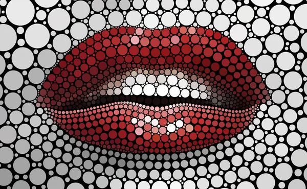 Woman mouth illustration with red lipstick on it. Art made of hundreds of flat circles.