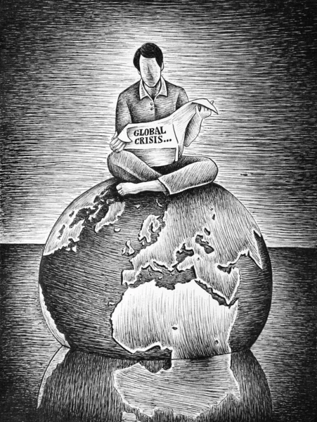 画的是一个人坐在地球上溺水 阅读报纸上写着 全球危机 的字样 关于气候变化 政治危机 新闻系统 资本主义的图像 — 图库照片