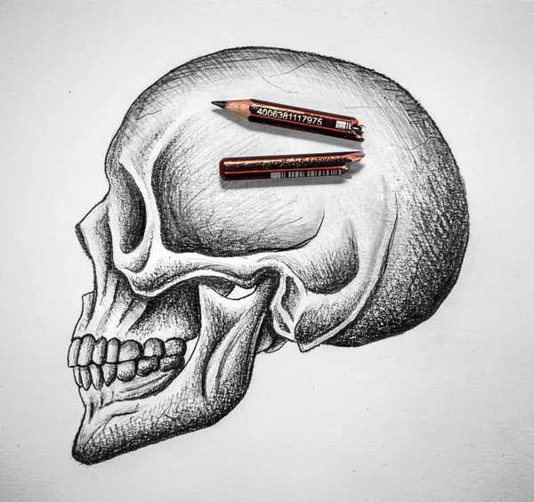 Pencil drawing of a skull with a broken pencil in the head. Symbol of no freedom of expression and censorship