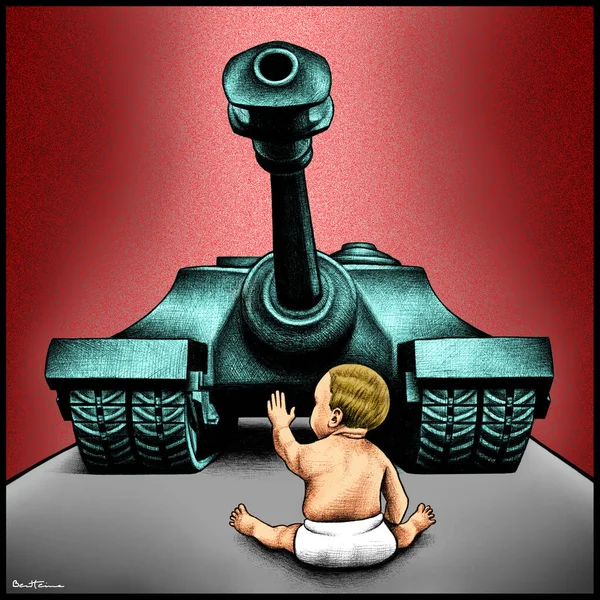 Ártatlan Csecsemő Aki Harci Tankkal Néz Szembe Felemeli Bal Kezét — Stock Fotó