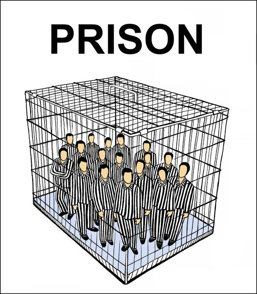Political illustration showing cage with small prisoners inside and the word prison