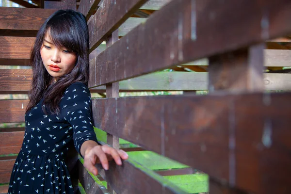 Mooi Aziatisch Meisjesportret Houten Hut Expressief Portret Van Eenzame Vrouw — Stockfoto