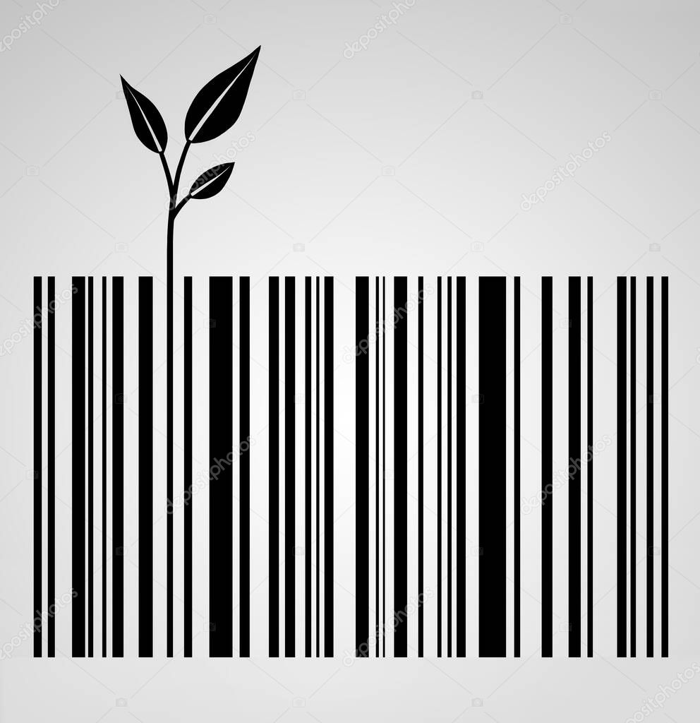 Barcode with plant growing on one of the bars. Symbol of ecology, capitalism, consumerism, climate change. Ecotax 