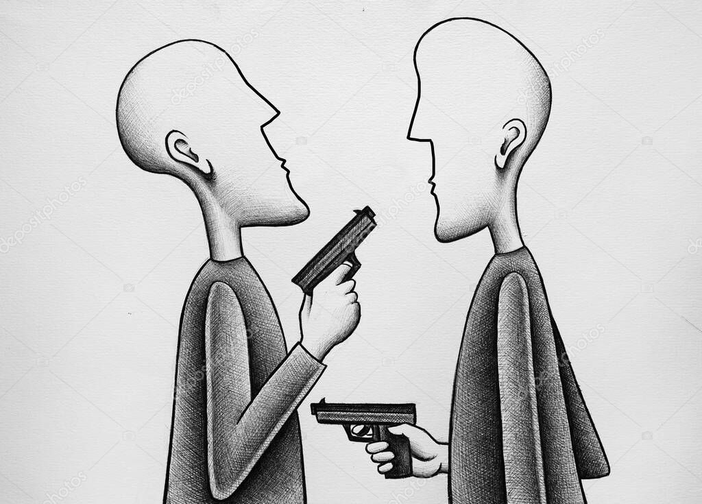 2 anonymous characters facing each other and holding gun. Image symbolizing conflict, duel, gangsters, fight