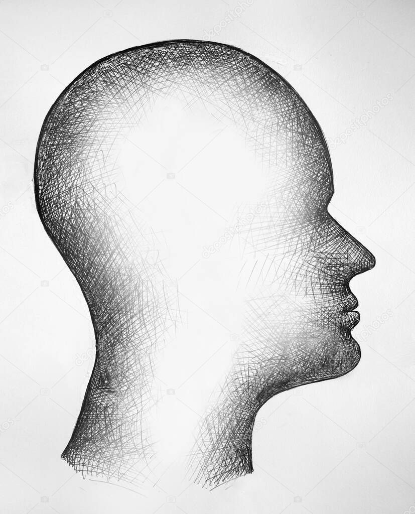 Drawing of a head with white emptiness inside. Image symbolizing confusion, depression, alzheimer, mental disorder
