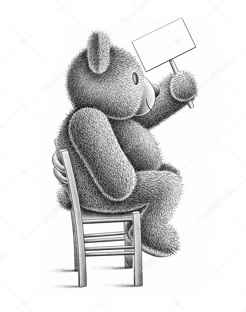 Drawing of cute teddy bear sitting on chair and holding empty sign