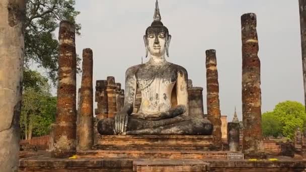 タイのスコータイ県 2019年7月1日 スコータイ ワット マハートの巨大な仏像と遺跡その歴史的な寺院 ユネスコサイト — ストック動画