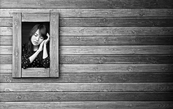 Hübsches Asiatisches Mädchenporträt Holzhütte Ausdrucksstarkes Porträt Einer Einsamen Frau — Stockfoto