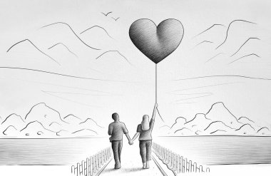 Arka planda büyük bir kalp şeklinde balon ve kayalık bir manzara tutan kadınla el ele bir çift resmetmek