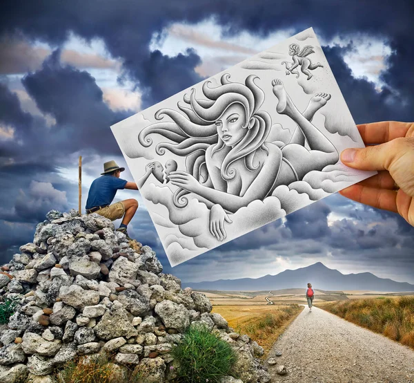 Disegno Modello Raffigurato Come Una Dea Sulle Nuvole Con Cuore — Foto Stock