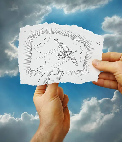 Dessin Représentant Homme Volant Dans Ciel Papier Main Propriétaire — Photo