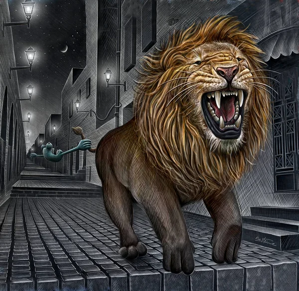 Drawing Roaring Lion Running Empty Street Royalty Free Stock Images