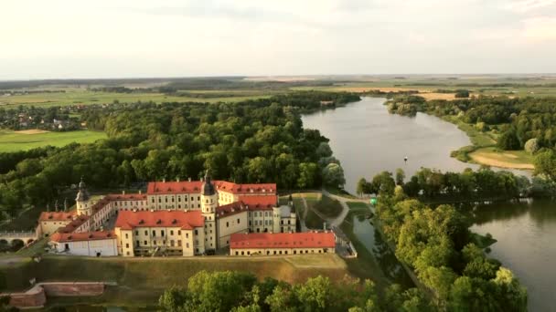 Sorvolando il castello di Nesvizh, il parco intorno al castello e al lago, sparando dall'aria di Nesvizh — Video Stock