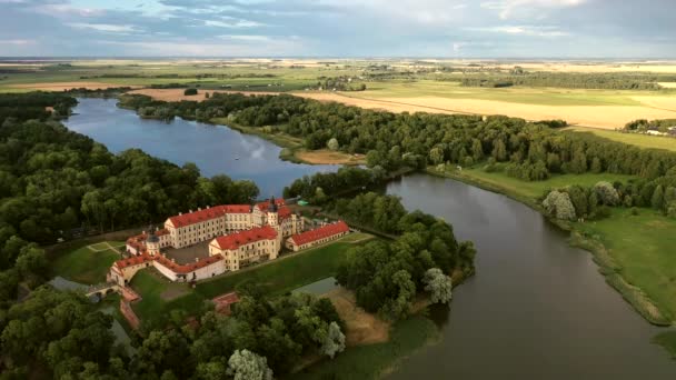 Verbazingwekkende dageraad in de mistige Nesvizh, Nesvizh. Het oude kasteel van de familie Radziwill. Belarus. — Stockvideo