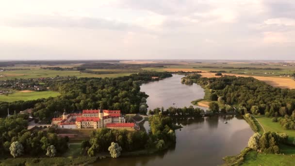 Amazing dawn in the foggy Nesvizh, Nesvizh. The ancient castle of the Radziwill family. Belarus. — Stock Video