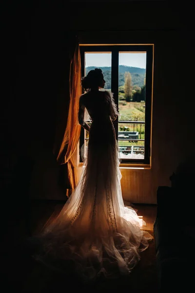 漂亮的金发新娘和漂亮的新娘穿着婚纱 相貌堂堂地出现在房间的内部 普罗旺斯新娘的画像 — 图库照片
