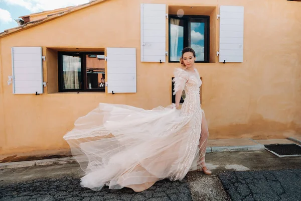 Una Bella Sposa Con Caratteristiche Piacevoli Abito Sposa Fotografata Provenza — Foto Stock