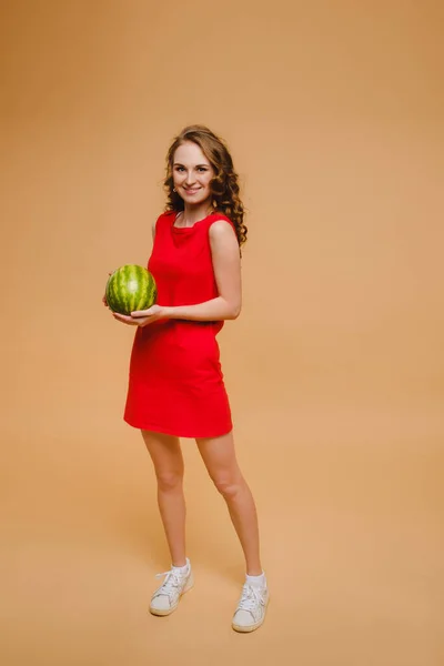 Beautiful Girl Glasses Red Dress Holds Watermelon Her Hands — Stock Photo, Image