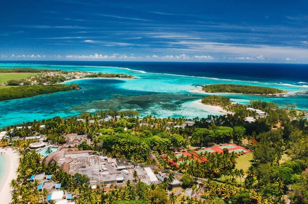 Aerial photography of the East coast of the island of Mauritius. Beautiful lagoon of the island of Mauritius, taken from above.Indian ocean coral reef.