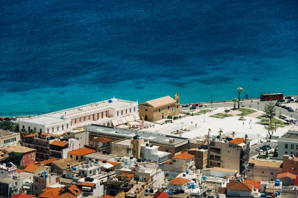 Vista Dall Alto Della Chiesa Dell Isola Zante Lontananza Traghetto — Foto Stock