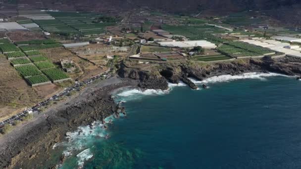 Tenerife Vista Para Plantações Banana Uma Praia Negra Areia Vulcânica — Vídeo de Stock