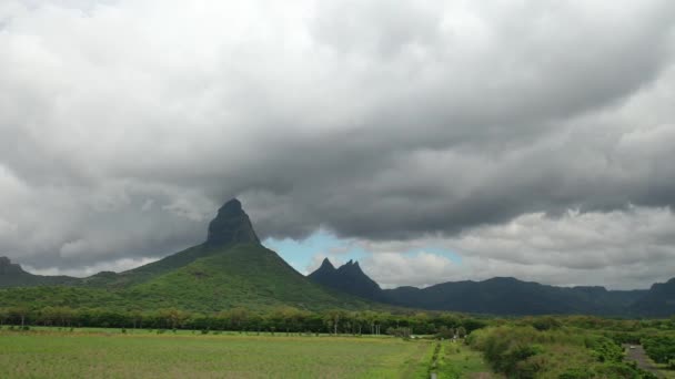 Mauritius, sonsuz yeşil tarlalar ve bulutlardaki dağ tepeleri. — Stok video
