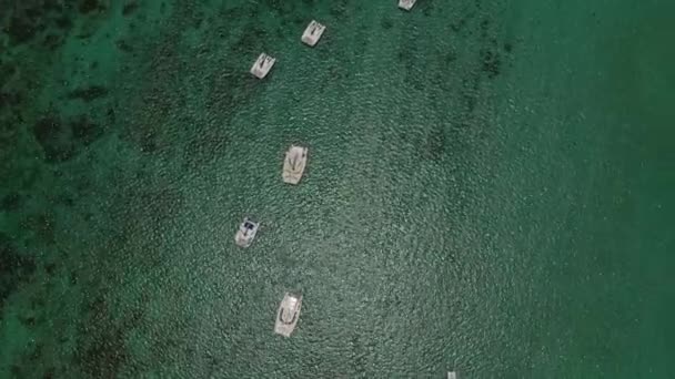 Bovenaanzicht van sneeuwwitte catamarans drijvend op de Indische oceaan. Koraalrif van de Indische Oceaan, Mauritius — Stockvideo