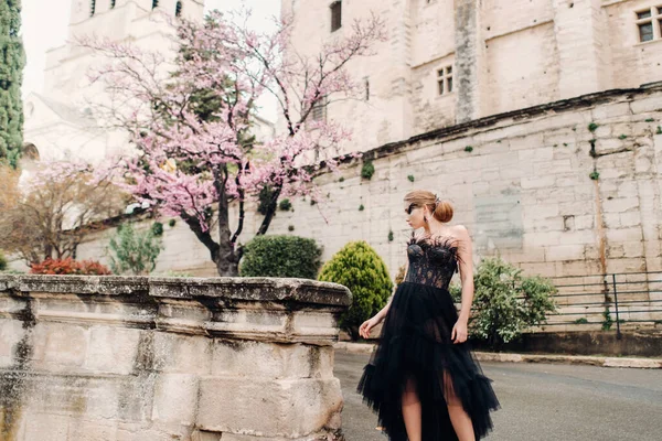 Eine Stilvolle Braut Einem Schwarzen Brautkleid Posiert Der Antiken Französischen — Stockfoto