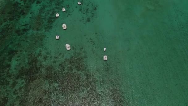 Вид сверху белоснежных катамаранов, плывущих по Индийскому океану. Коралловый риф Индийского океана, Маврикий — стоковое видео