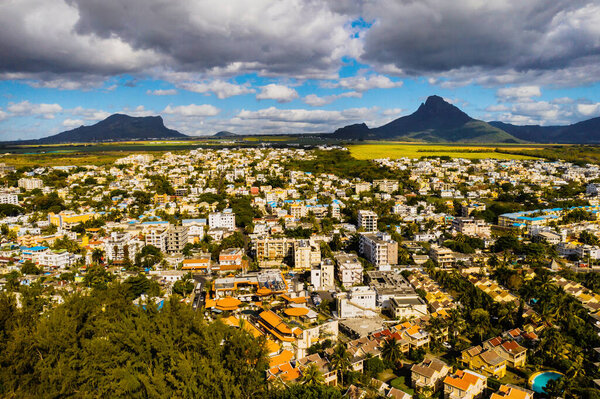 Panoramic view from above of the town and mountains on the island of Mauritius, Mauritius Island.